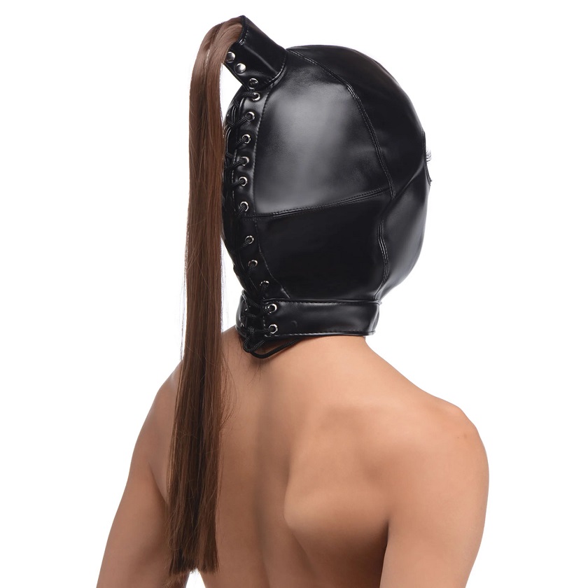Fulfill your fetish fantasies with this soft leather hood th... Strict - Ponytail Bondage Hood - Brown photo-2