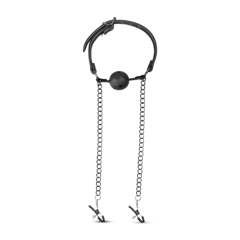 Go for the extreme with this ball gag with nipple clamps fro... Easytoys - Open Ball Gag w Nipple Clamps - Black photo-2