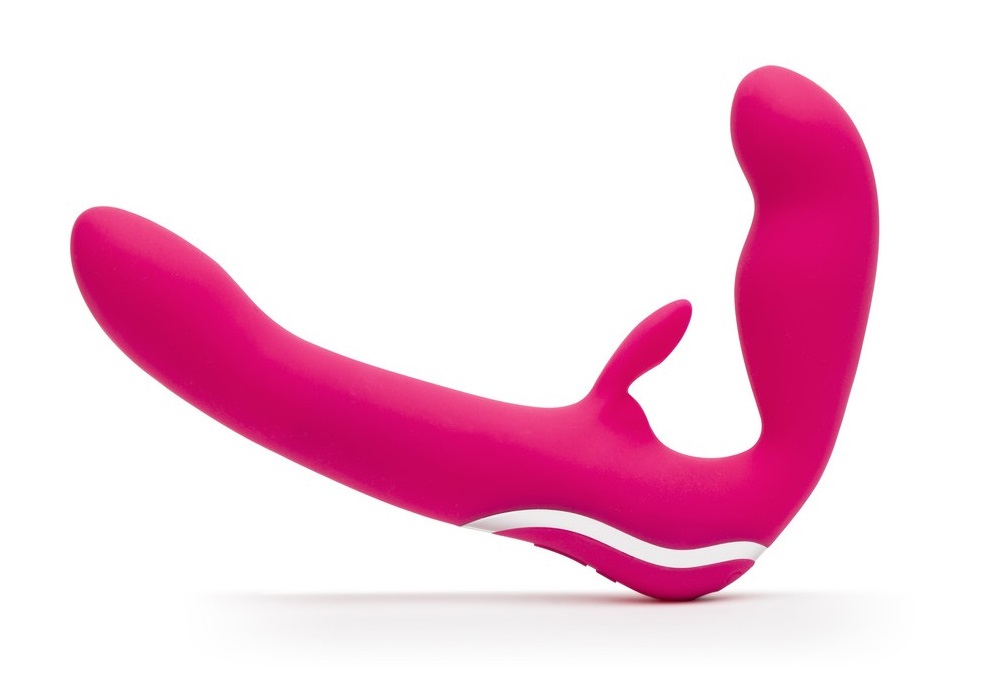 Double harness with bunny-shaped stimulator made of silicone... Happy Rabbit - Vibrating Strapless Strap-On - Pink photo-4