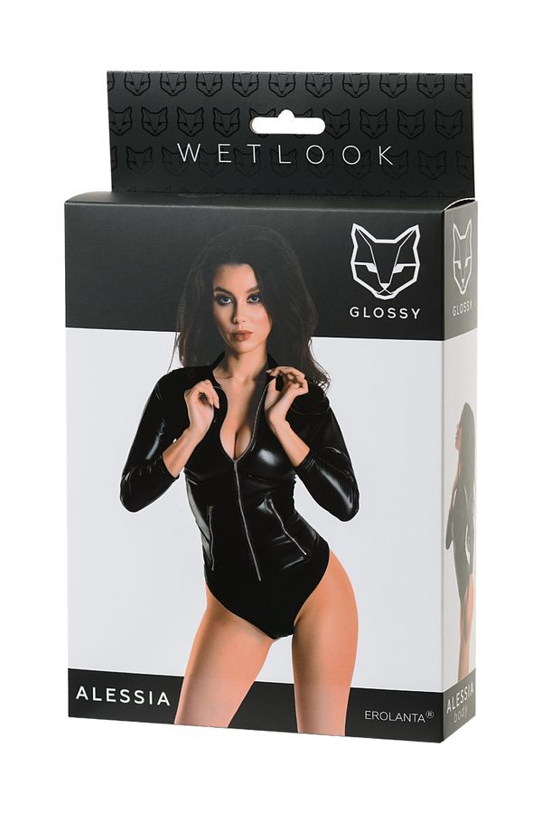 Black sexy bodysuit made of Wetlook material. A metal zipper... Glossy - Alessia Wetlook Bodysuit - Black - S photo-6