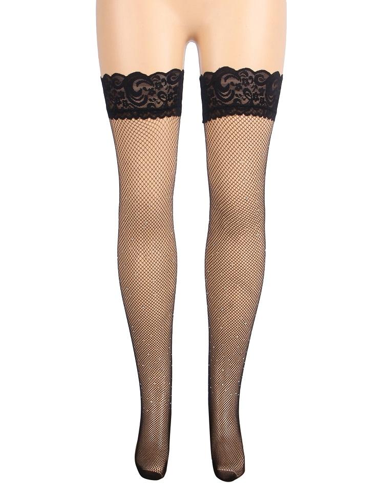 Main fabric is high-elasticity nylon yarn, soft and close-fi... Ohyeah - Lace Rhinestone Stockings - Black - XL photo-6