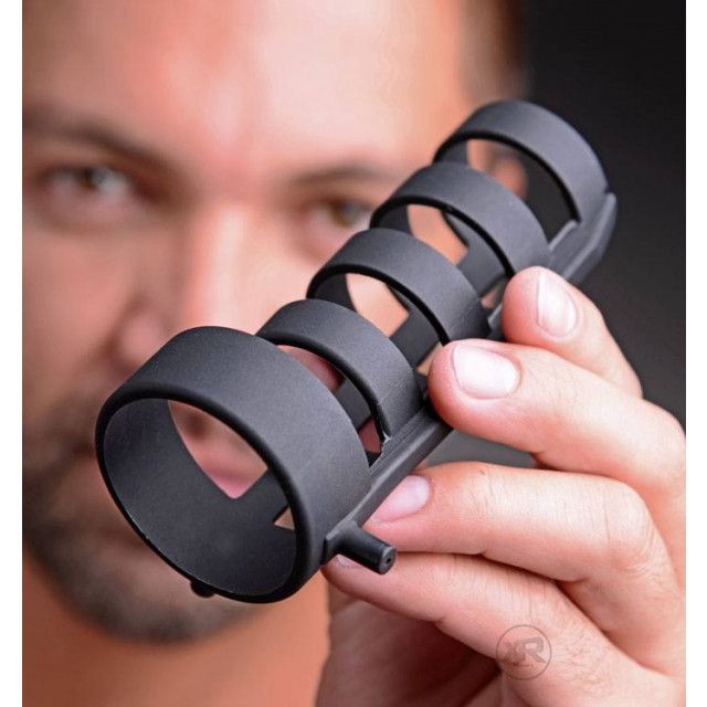 This silicone cock cage delivers erotic electro stimulation ... Zeus Electrosex - E-Stim Cock & Ball Sheath - Black photo-2