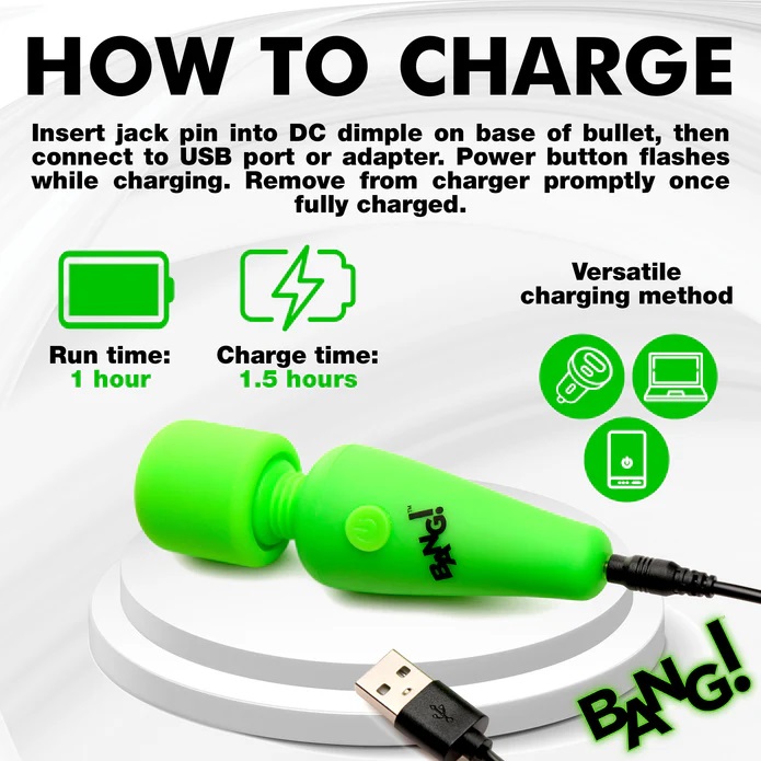 Enjoy this powerful, travel-friendly, glow-in-the-dark mini ... Bang! - 10X Glow Mini Wand Massager - Green photo-7