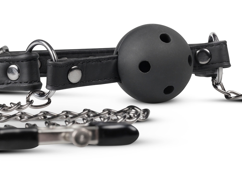 Go for the extreme with this ball gag with nipple clamps fro... Easytoys - Open Ball Gag w Nipple Clamps - Black photo-3
