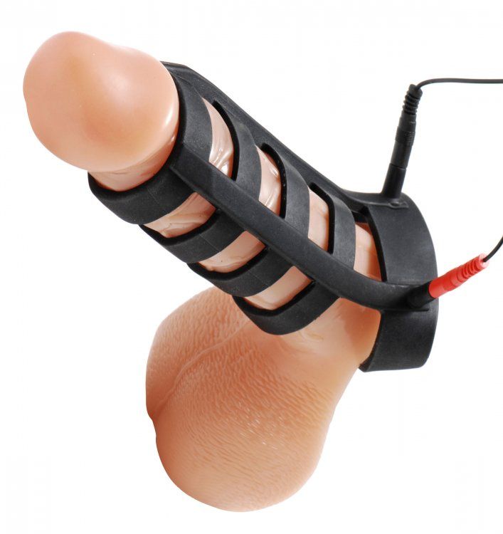 This silicone cock cage delivers erotic electro stimulation ... Zeus Electrosex - E-Stim Cock & Ball Sheath - Black photo-4