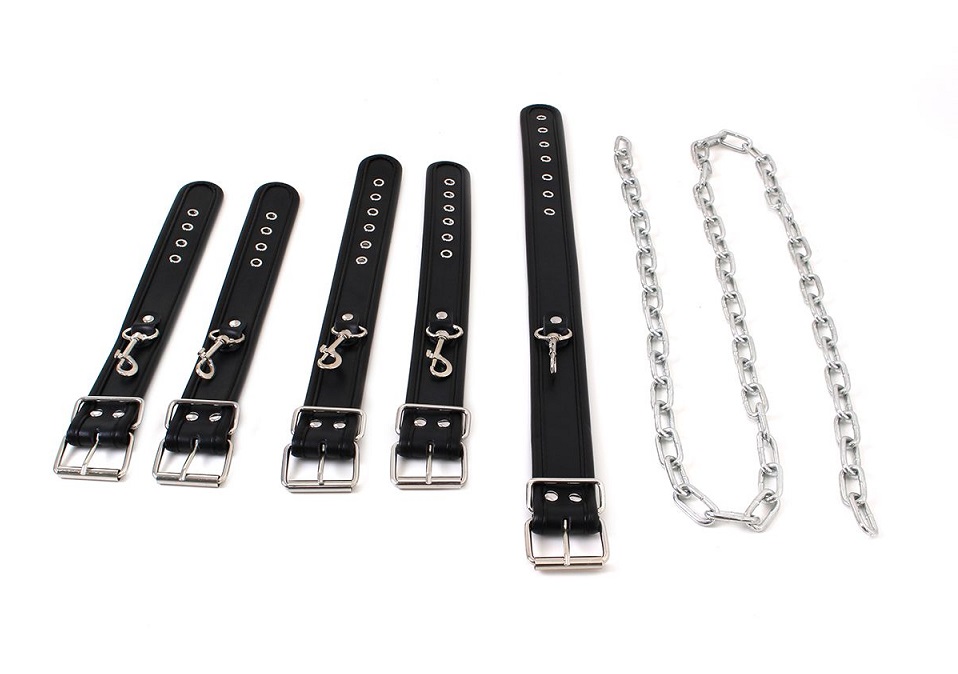 Slave chain bondage, hand and ankle cuffs and a collar. This... Kiotos - Body Restraints Set - Black photo-5
