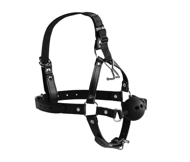 This BDSM harness will intensify your powerplay. The attache... Ouch - Head Harness w Breathable Ball Gag & Nose Hooks - Black photo-2