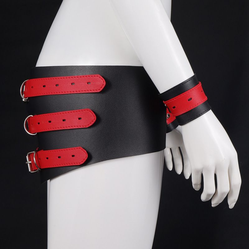 Black & red, soft PU leather, waist belt and two cuffs, join... MT - Waist Band w Handcuffs - Black photo-7