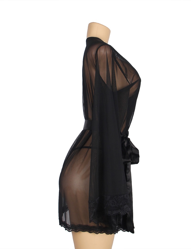 Long sleeve mesh sleepwear elegance robe with belt
Material... Ohyeah - Romantic Robe - Black - 5XL photo-5