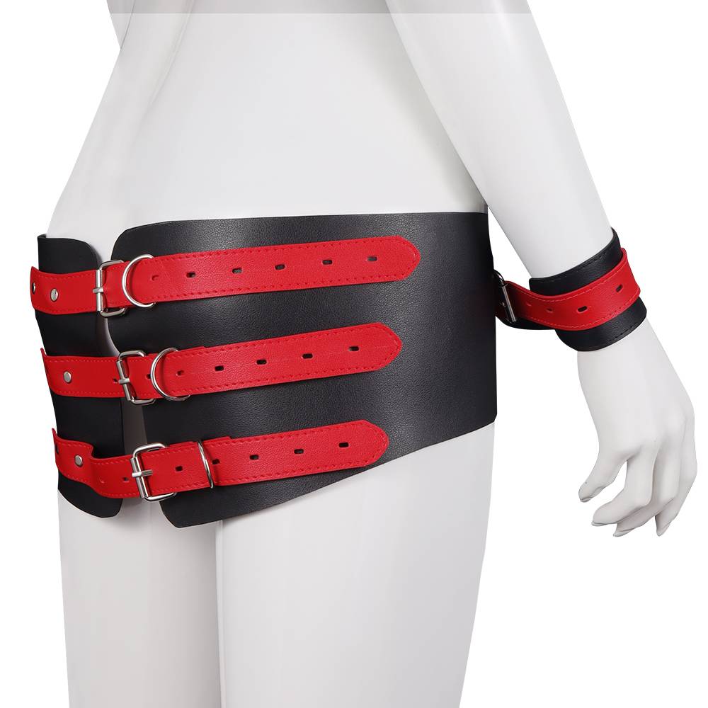 Black & red, soft PU leather, waist belt and two cuffs, join... MT - Waist Band w Handcuffs - Black photo-2