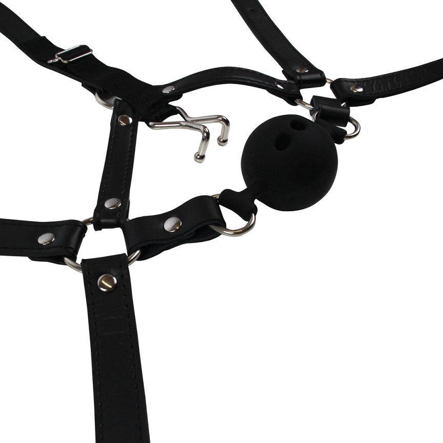 This BDSM harness will intensify your powerplay. The attache... Ouch - Head Harness w Breathable Ball Gag & Nose Hooks - Black photo-5
