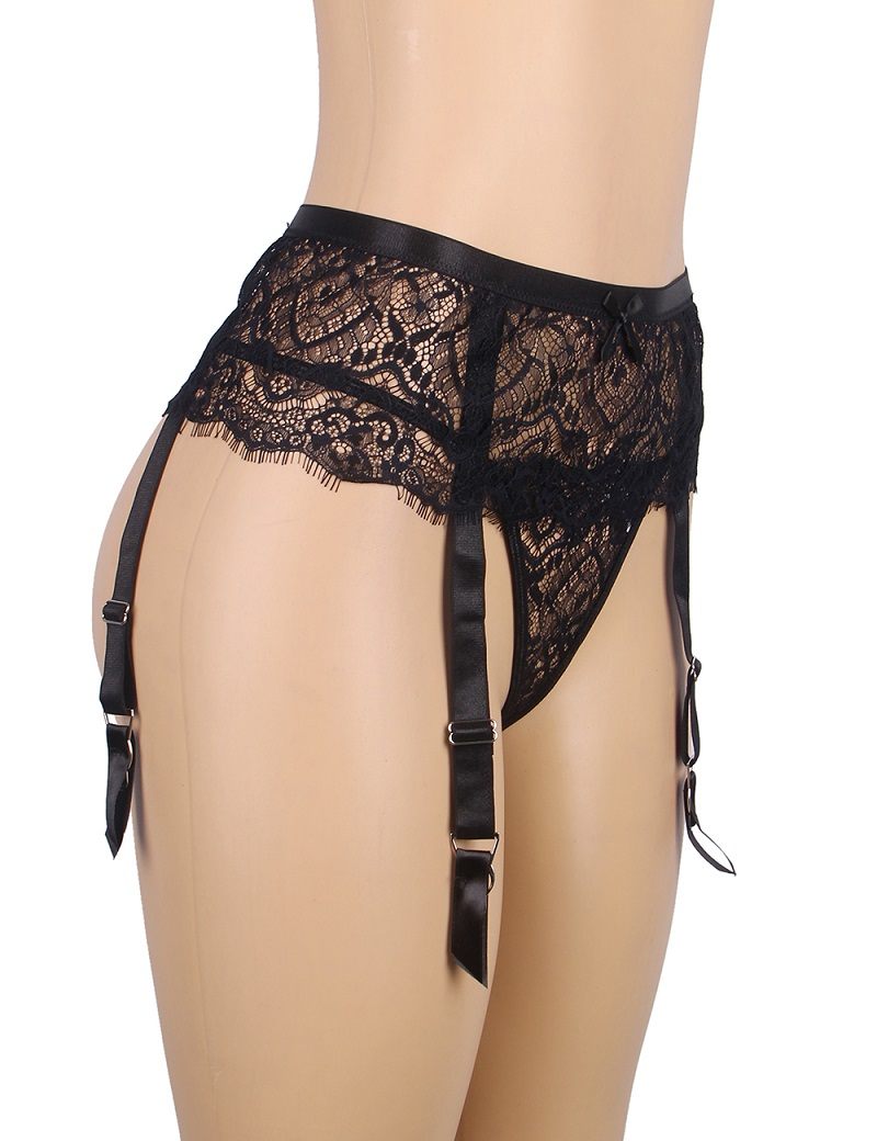 Eyelash lace high waist garter set with metal buttons and st... Ohyeah - Lace High Waist Garter Thong - Black - M photo-7