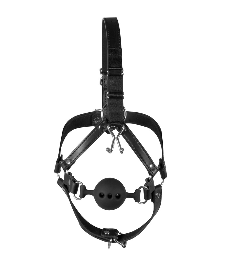 This BDSM harness will intensify your powerplay. The attache... Ouch - Head Harness w Breathable Ball Gag & Nose Hooks - Black photo-4