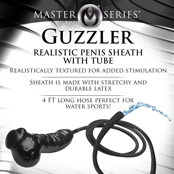 Enjoy both latex and water-sports with this Realistic Penis ... Master Series - Guzzler Penis Sheath w Tube - Black photo-5