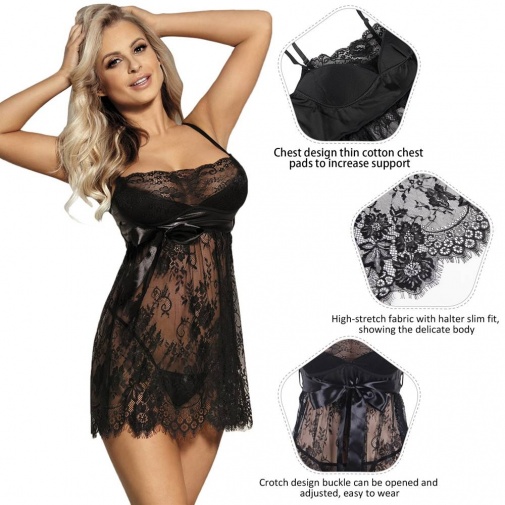 Ohyeah - Lace Chest Pad Babydoll - Black - M photo