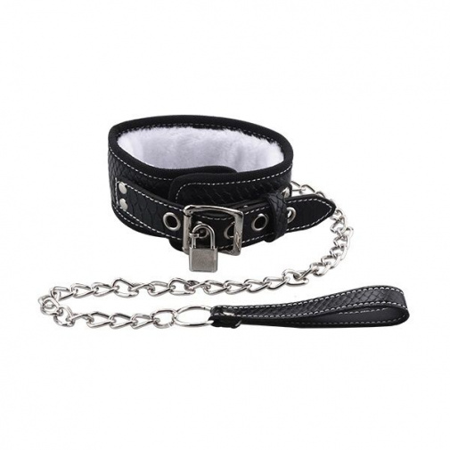 MT - Collar w White Fluff, Lock and Leash - Black photo