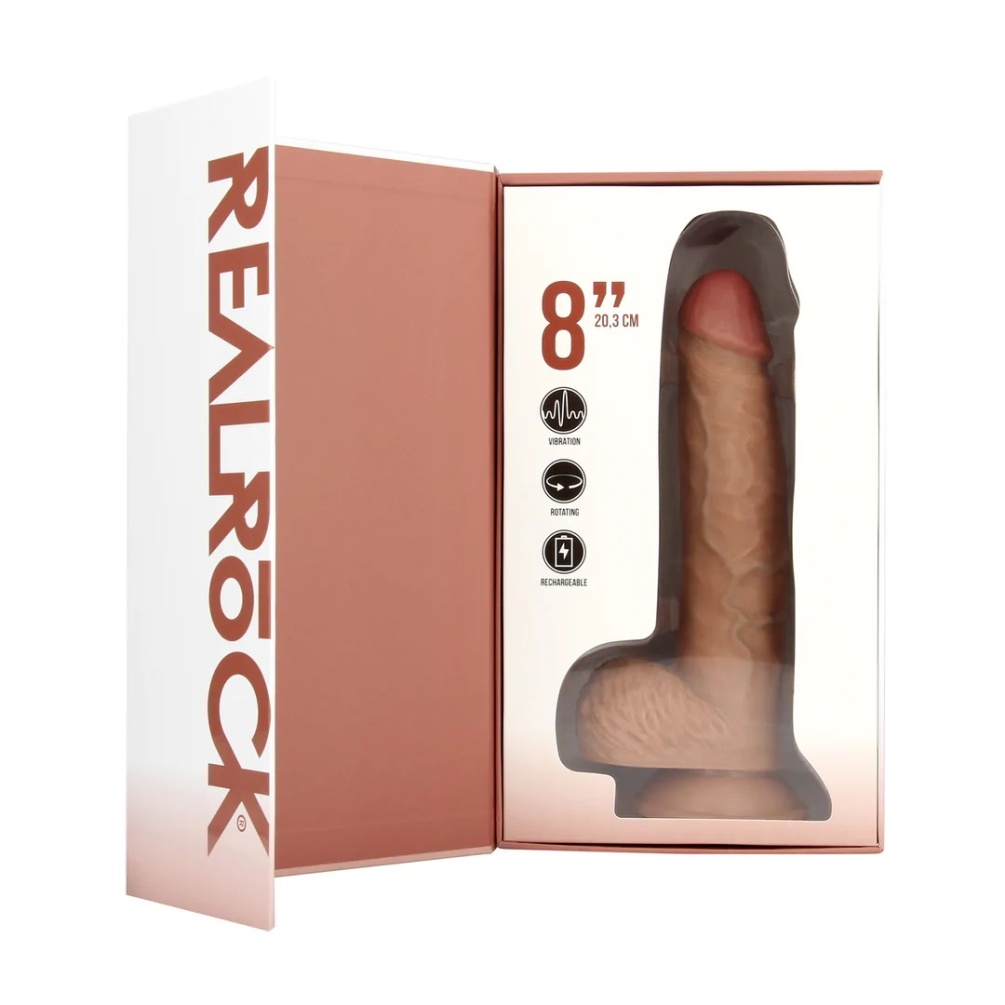 Enjoy yourself to the fullest with this firm and soft-to-tou... RealRock - 8" Rotating Vibro Dildo w Balls - Caramel photo-6