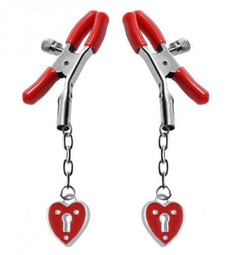 Master Series - Captive Heart Padlock Nipple Clamps - Red photo
