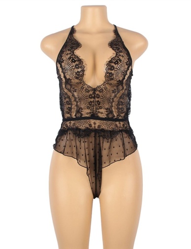 Ohyeah - Lace Floral Sheer Teddy - Black - XL photo
