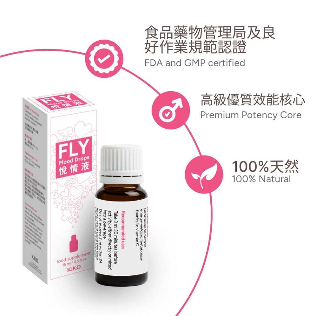 KIKO Fly Mood Drops 採用天然液態配方以支援物理能量及性方面的準備程度。本產品透過左旋精胺酸及維... KIKO - Fly Mood Drops - 15ml 照片-2
